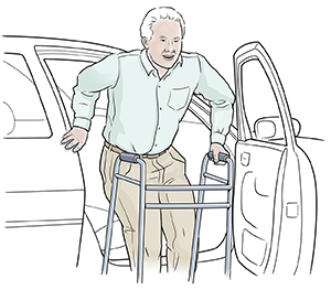 Man using walker, preparing to sit in passenger side of car.