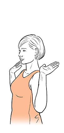 Woman with arms to sides, elbows bent, palms up.