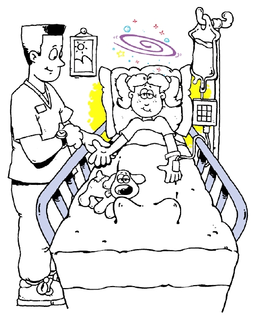 Niña en cama de hospital con un animal de peluche. Un proveedor de atención médica le está tomando el pulso.