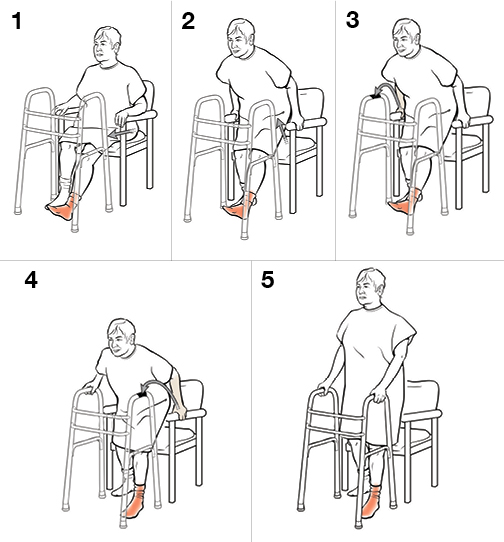 Cinco pasos para ponerse de pie con un andador (sin soporte de peso).