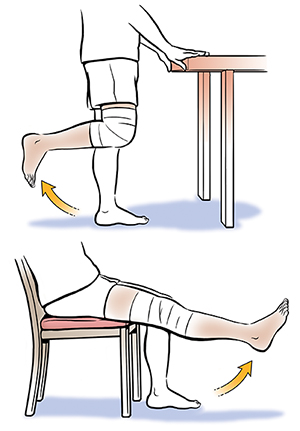 1. Persona que muestra flexiones de rodillas estando de pie. 2. Parte inferior del cuerpo de una persona sentada que muestra la extensión de rodilla de arco largo.
