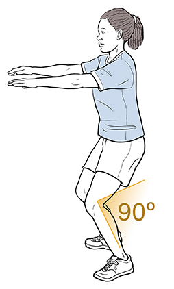 Mujer que flexiona las rodillas a 90 grados, los brazos extendidos hacia adelante a la altura de los hombros.