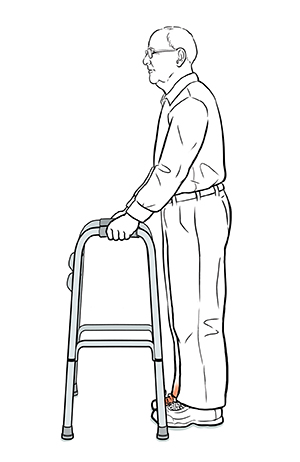 Hombre colocando el andador por delante de los pies, preparándose para dar un paso con la técnica de soporte de peso.