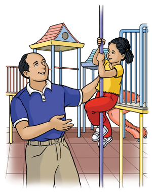 Hombre de pie cerca de un niño pequeño que baja deslizándose por un poste en el patio de juegos.