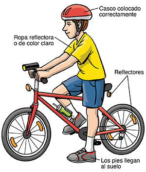 Niño montado en una bicicleta con elementos de seguridad, como casco, ropa reflectante y reflectores. Los pies del niño tocan el suelo.