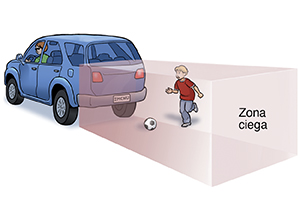 Vista trasera de un auto mostrando a un niño corriendo atras en la zona ciega. Driver can't see child from car's mirrors.